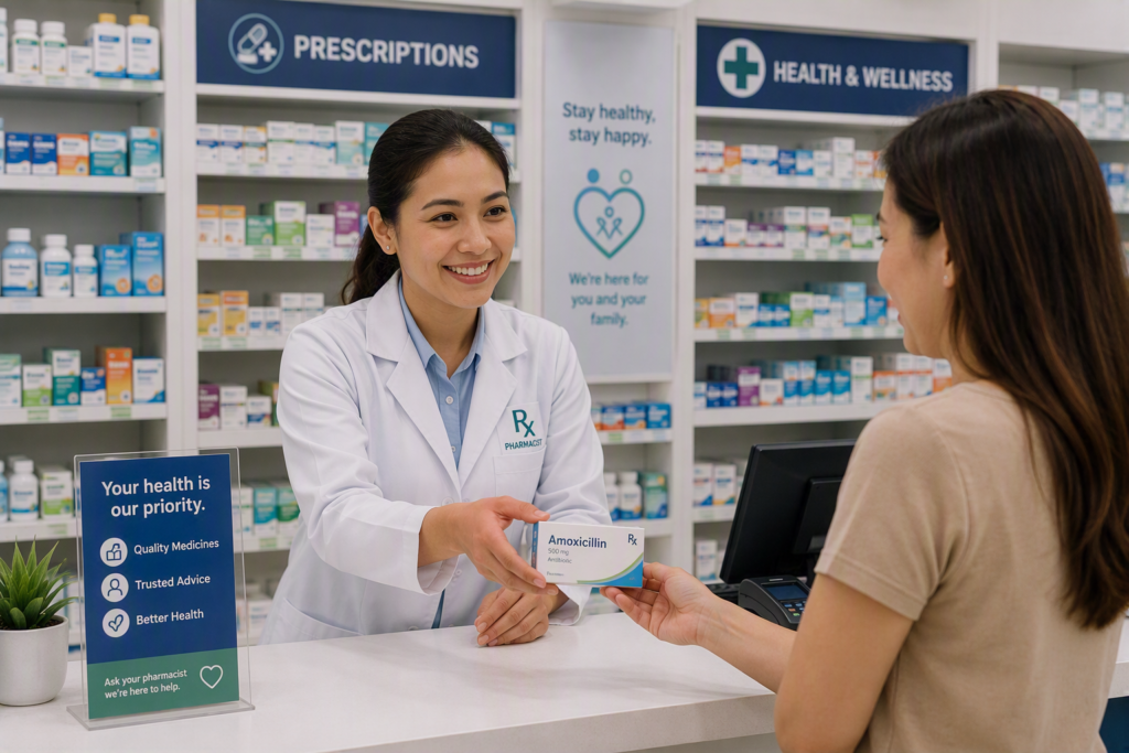 Pharmacy counter with pharmacist serving a customer