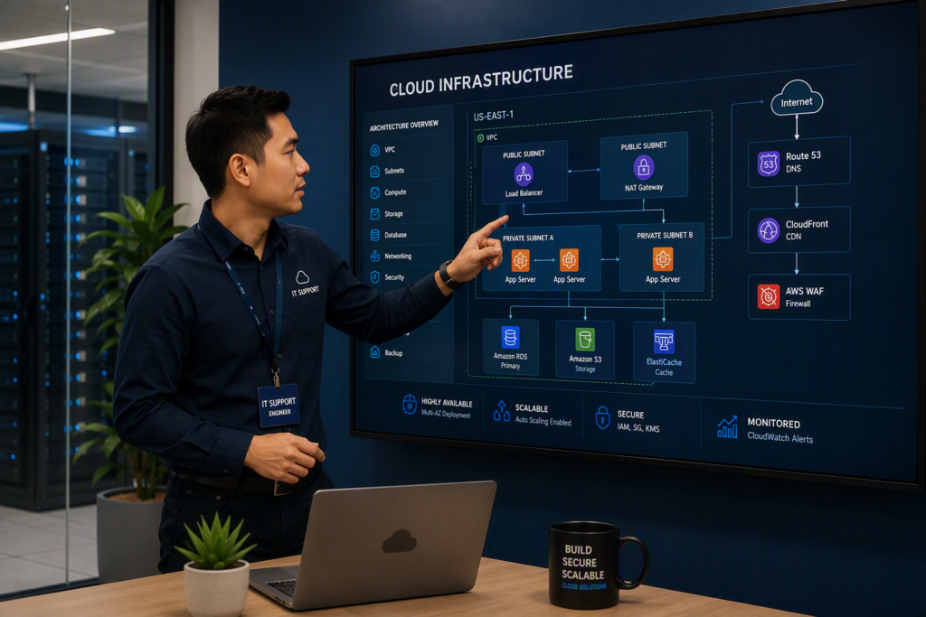 Engineer reviewing architecture or dashboards